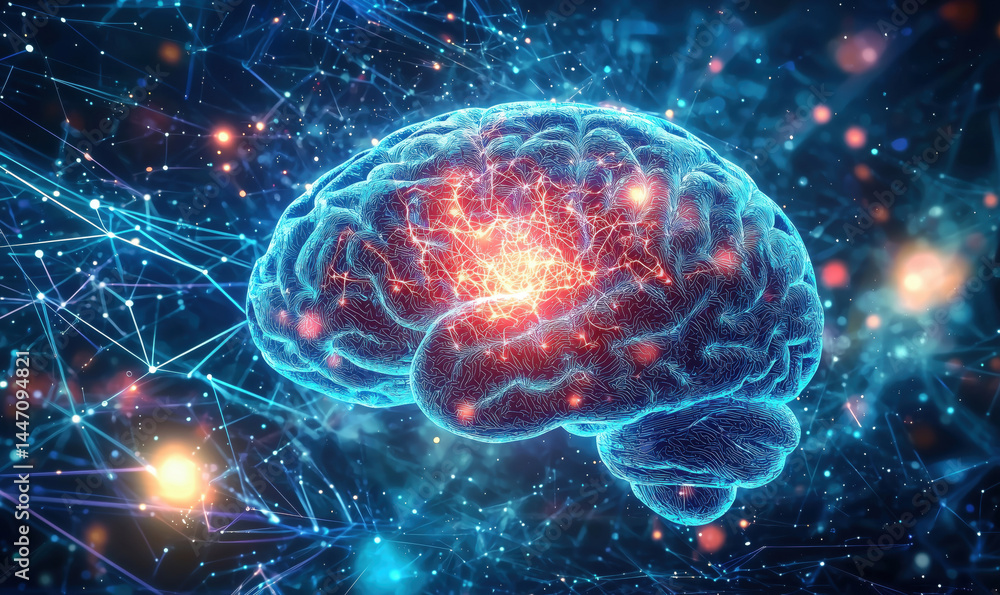 Aufkleber digital representation of a human brain with neural connections and glowing synapses.