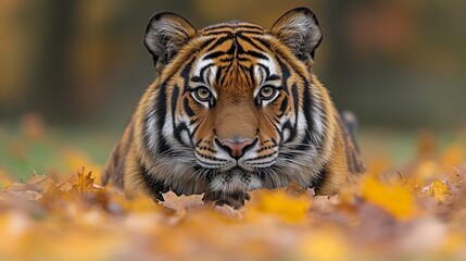 Obraz premium Captivating gaze of a tiger immersed in a blanket of vibrant autumn foliage in a serene outdoor setting wildlife majesty portraiture