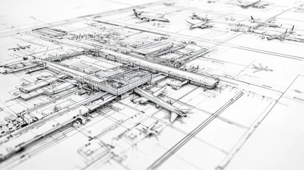Detailed architectural sketch of a modern airport layout featuring runways and terminals from an aerial perspective
