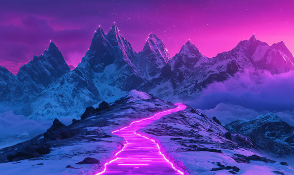 Surreal mountain landscape with glowing pink pathway under starry sky. - Powered by Adobe