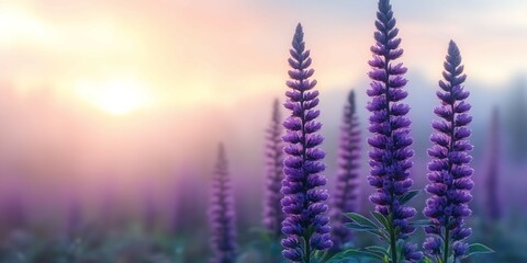 Purple lupine field at sunrise
