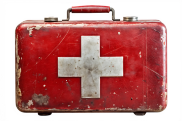Vintage First Aid Kit A weathered, red metal first aid kit with a white cross isolated on transparent background PNG