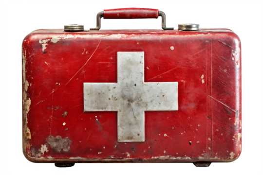 Vintage First Aid Kit A weathered, red metal first aid kit with a white cross isolated on transparent background PNG