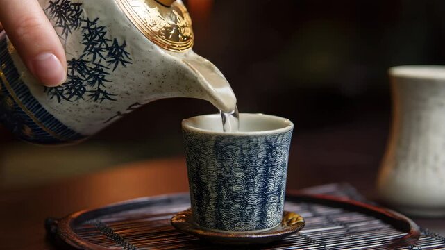 Luxury Japanese Sake Being Poured into Elegant Handcrafted Porcelain Cup in a Traditional Setting