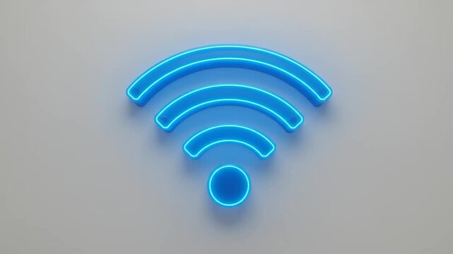 Neon blue wifi symbol on light gray background.