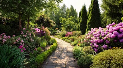 Obraz premium Peaceful Summer Garden Pathway Surrounded by Colorful Flowers