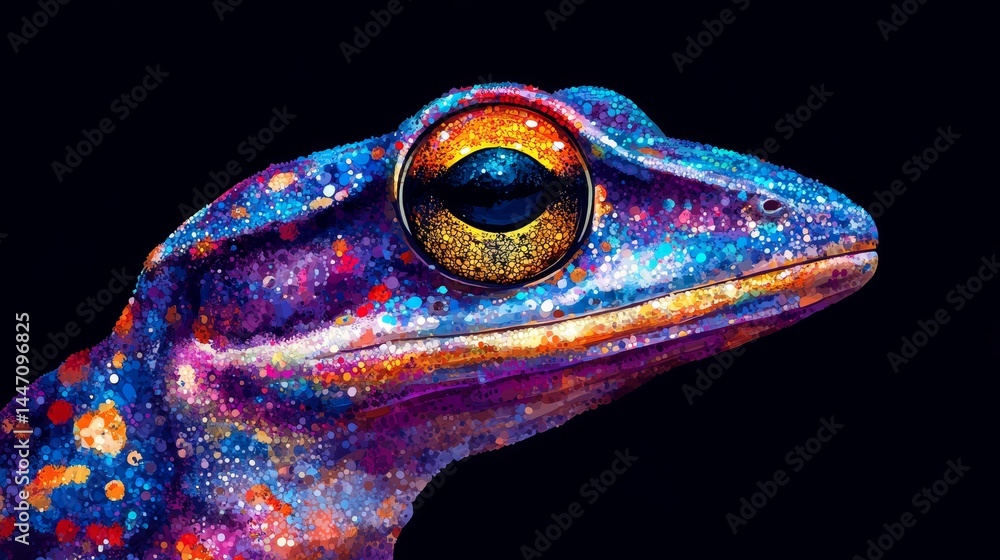 Poster macro shot of a colorful gecko with vibrant skin patterns showing detail in scales eye and texture c