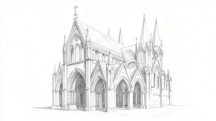 Fototapeta premium Architectural sketch of a grand Gothic cathedral showcasing intricate details in a serene setting