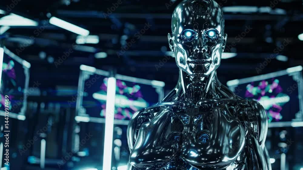 Aufkleber futuristic video concept featuring a shiny humanoid robot in a high-tech environment. low-angle shot