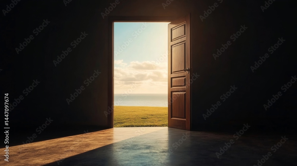 Poster an open door reveals a calming ocean vista with colorful clouds above. lush green hills add to the p