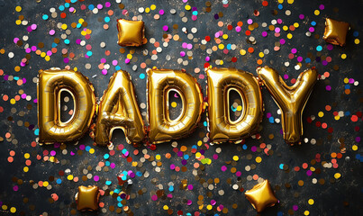 Gold balloons spelling daddy surrounded by colorful confetti for celebration.