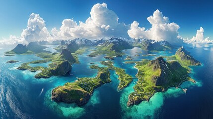 Naklejka premium Lush islands in a turquoise sea, dramatic mountains, and fluffy clouds