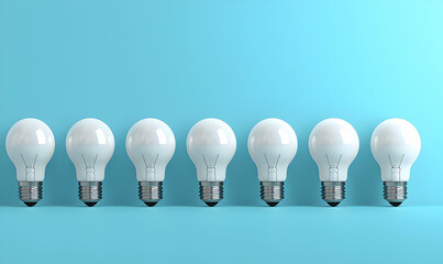 Seven white lightbulbs in a neat row against a light blue background. Clean, simple, and bright presentation