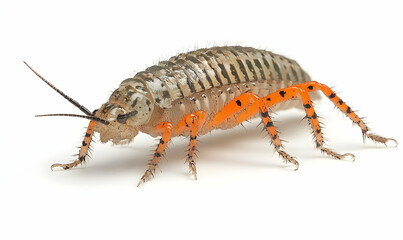Close-up of a woodlouse featuring patterned shell and orange legs on a stark white background
