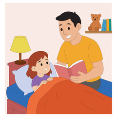 Dad Reading Bedtime Story to Daughter Cozy Nighttime Vector Scene. Father and Daughter Storytime Bedtime Cartoon Illustration.  Dad Reading to Kid Before Sleep Vector.