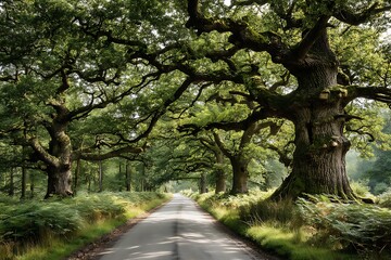 Obraz premium Majestic Oak Avenue Sundrenched Country Road.