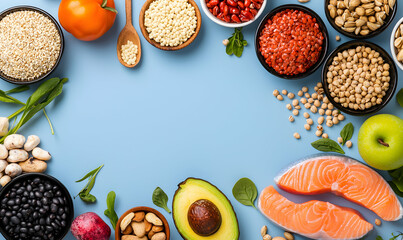 Healthy food variety arranged on blue background. Vibrant, fresh ingredients displayed in wooden bowls, copy space in center