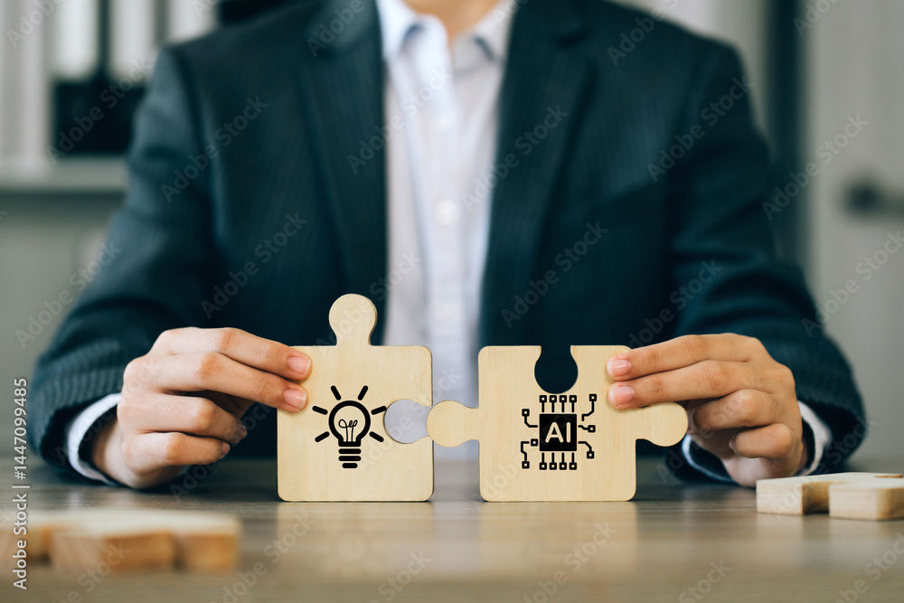 Poster a businessman holding a jigsaw puzzle with a light bulb and ai connected. using ai to generate busin