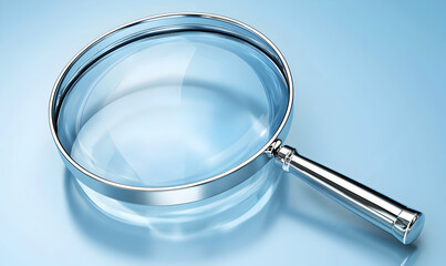 Shiny magnifying glass with a silver frame lies on a bright blue surface