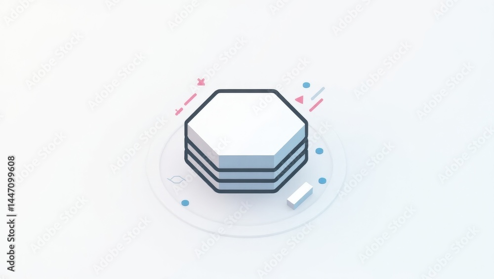 Poster kubescape. minimalist white hexagonal layered platform with blue and red data indicators floating, t