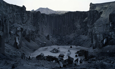 Deep crater with geometric basalt columns and a murky pool at its base