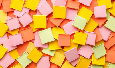 Colorful, square tiles of pink, yellow, green, and orange arranged randomly on an orange surface