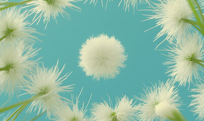 Fuzzy white flower heads with green stems form a frame against a blue background
