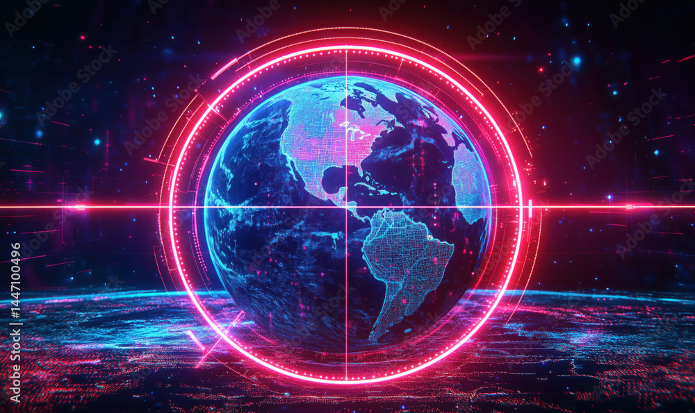 Poster futuristic digital globe with neon effects and grid background for technology themes.