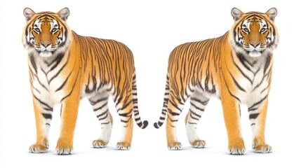 Obraz premium Two majestic sumatran tigers standing side by side isolated on white background showcasing wildlife conservation bengal stripes animalistic beauty
