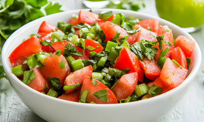 Diced tomatoes mixed with green onions and herbs in a bowl on a textured surface