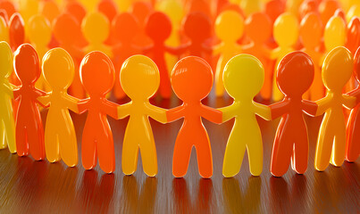 Orange figures linked in unity on wooden surface. Teamwork and collaboration
