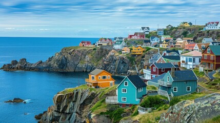 Obraz premium Vibrant coastal houses on cliffside ocean view