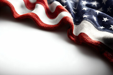 USA flag corner on white. Red stripes and stars on blue fabric detail