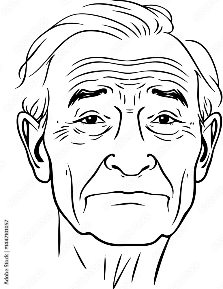 Poster elderly character portrait continuous line drawing. expressive stylized outline capturing wisdom and
