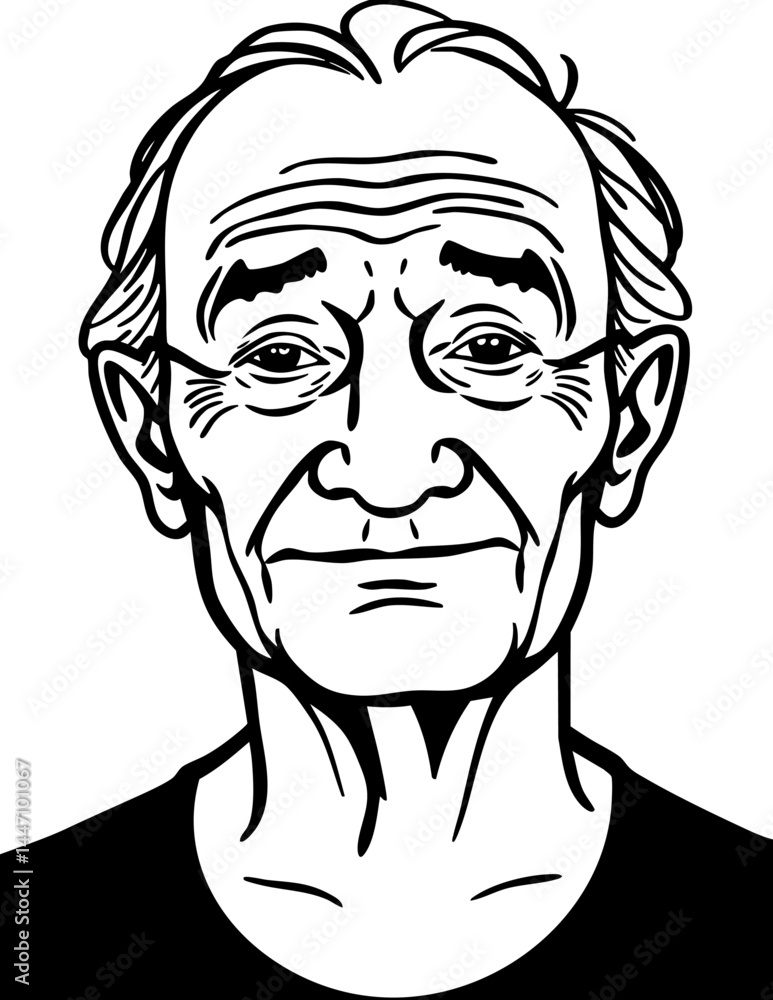 Poster elderly character portrait continuous line drawing. expressive stylized outline capturing wisdom and