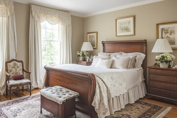 A classic bedroom with antique wooden furniture, soft linens, and a timeless color scheme