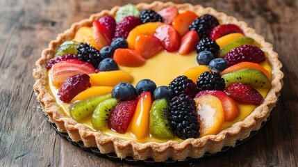 Colorful fruit tart with vibrant berries and citrus on rustic wooden table