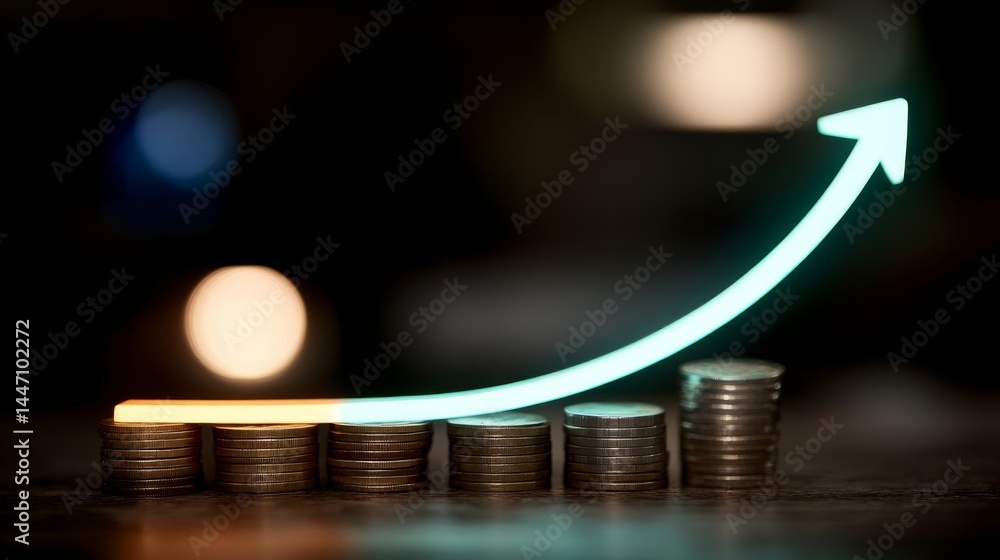 Poster glowing stock market graph on a computer screen highlights economic growth with stacks of coins and 