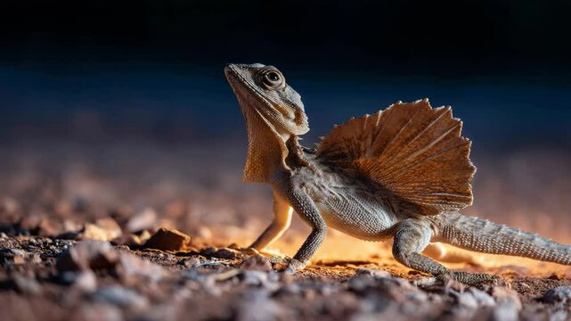 A stunning frilled lizard poses majestically on a rock, illuminated by the warm glow of sunset, capturing a perfect moment in nature's captivating landscape.