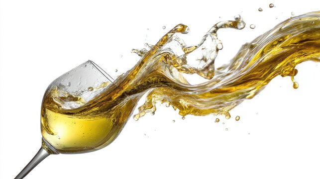 A golden liquid, likely wine, splashes dramatically from a clear glass