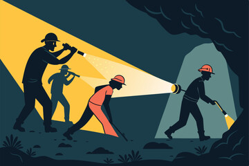 Create a flat vector illustration of miners using flashlights in a dark mine shaft, emphasizing their hard work and the dimly lit environment.