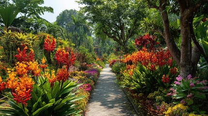 Obraz premium Colorful Exotic Flowers in a Lush Botanical Garden Pathway