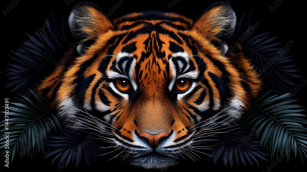Poster mesmerizing gaze of a bengal tiger emanating raw power blending vibrant hues and intricate patterns 
