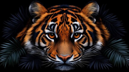 Fototapeta premium Mesmerizing gaze of a bengal tiger emanating raw power blending vibrant hues and intricate patterns on a captivating dark background art