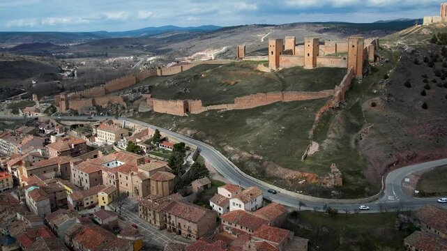 Molina de Aragon castel and village in Spain. High quality 4k drone footage.
