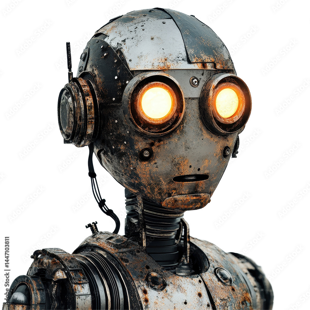 Poster robot with glowing eyes stands against a transparent background highlighting its metallic features a
