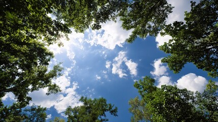 Obraz premium Looking Up: An inspiring shot framing the blue sky peeking through the lush green canopy, creates a sense of awe and invites contemplation.