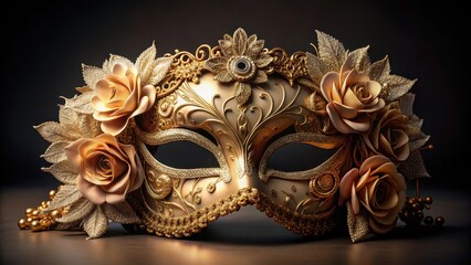 A gold-plated Venetian mask with intricate lace accents and delicate fabric flowers, set against a dark background to showcase its luxurious details , elegant, accessories