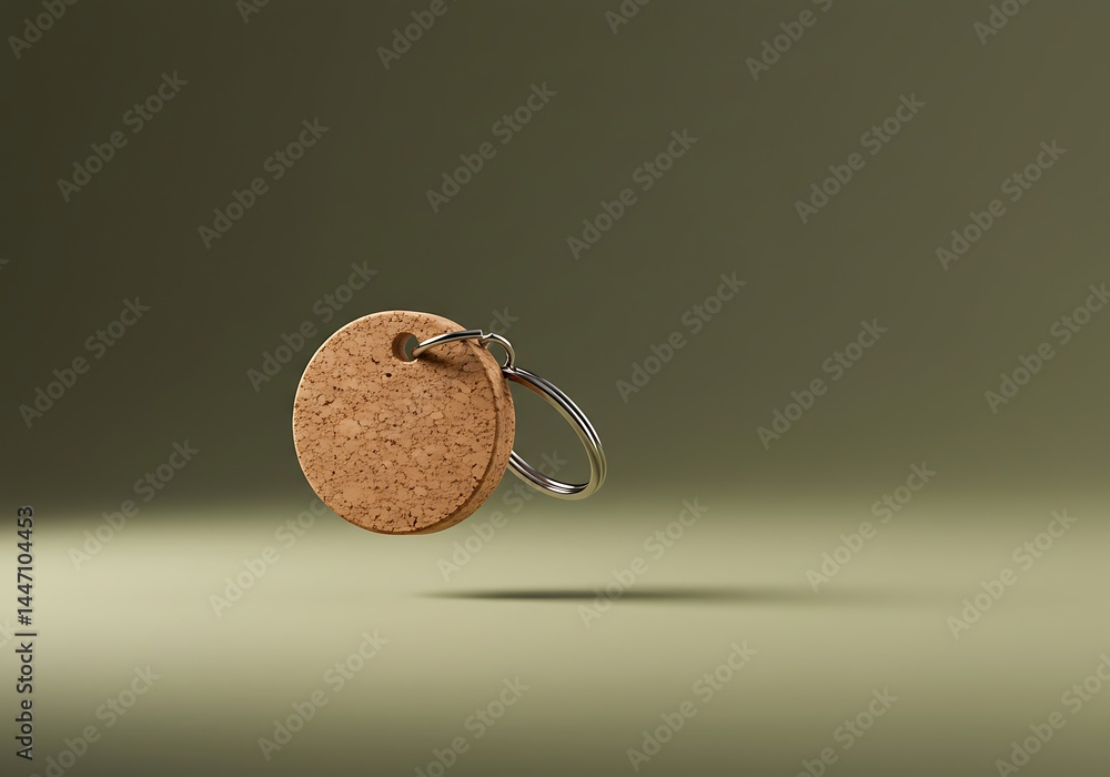 Poster minimalist presentation of a circular cork keychain against a gradient backdrop