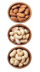 Isolated Nuts Arrangement In Wooden Bowls Photo